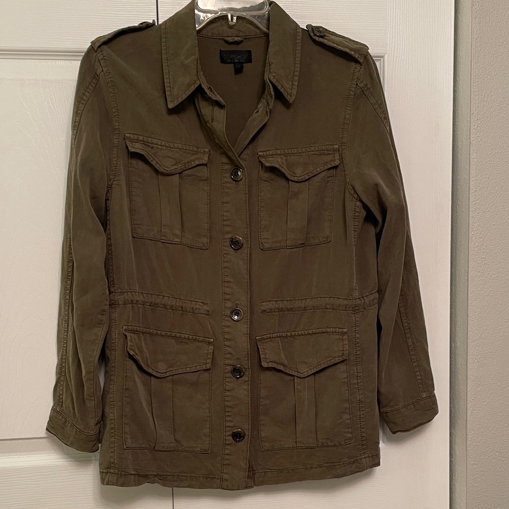 Topshop Army Green Military Like Lightweight Utility Jacket Size 6